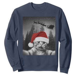 Funny Cat Selfie With Santas Sleigh Christmas Sweatshirt TS11 Navy Print Your Wear