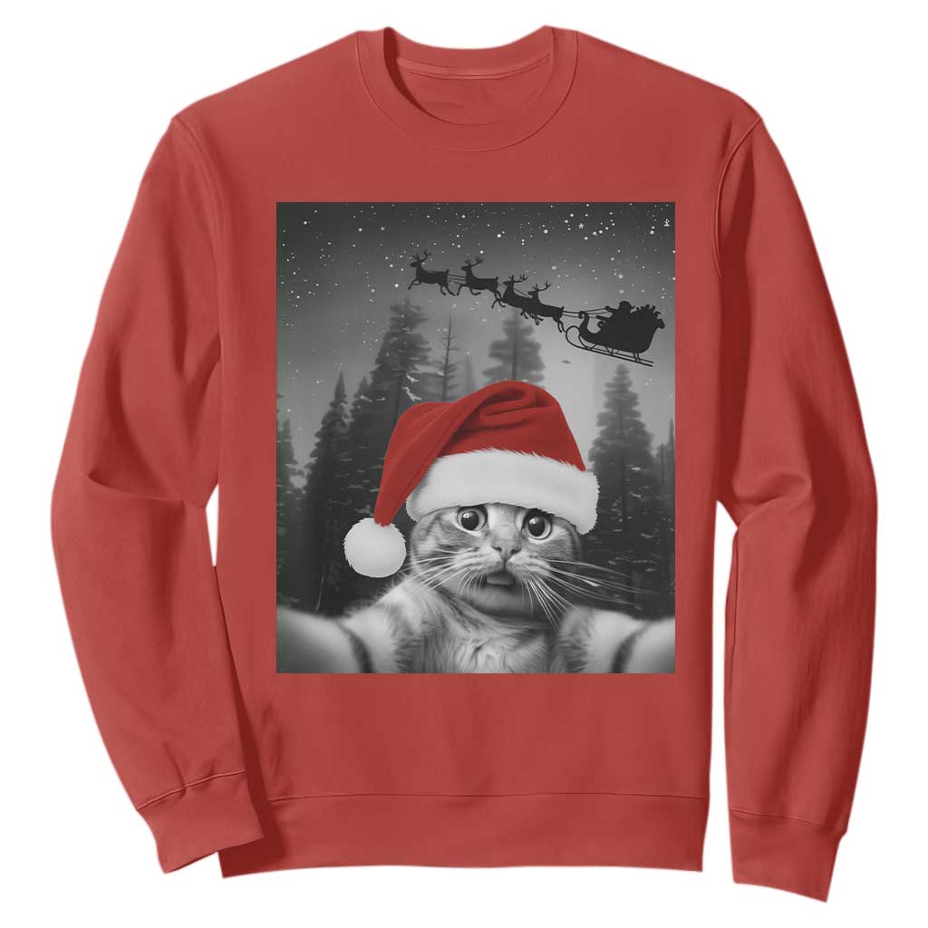 Funny Cat Selfie With Santas Sleigh Christmas Sweatshirt TS11 Red Print Your Wear
