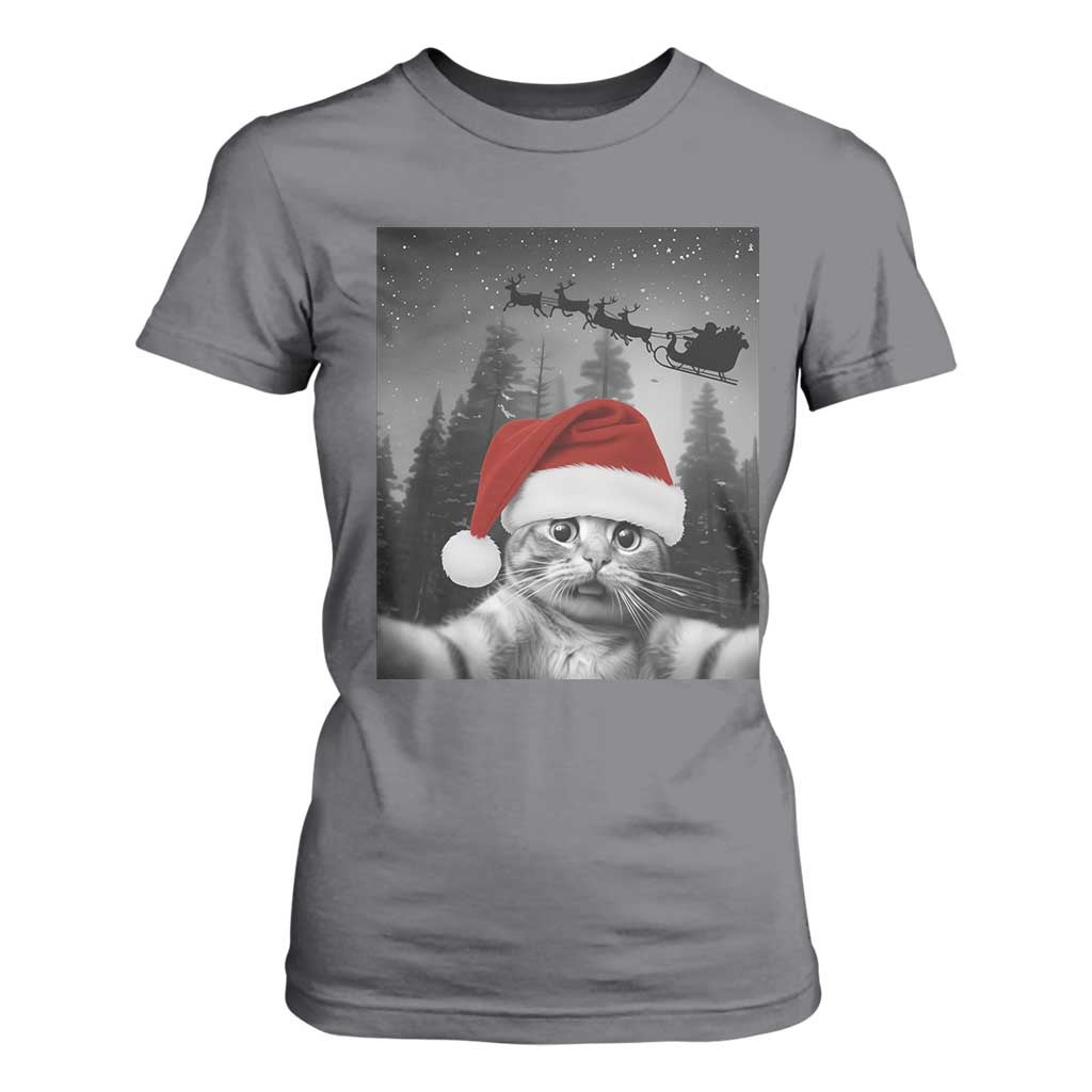 Funny Cat Selfie With Santas Sleigh Christmas T Shirt For Women TS11 Charcoal Print Your Wear