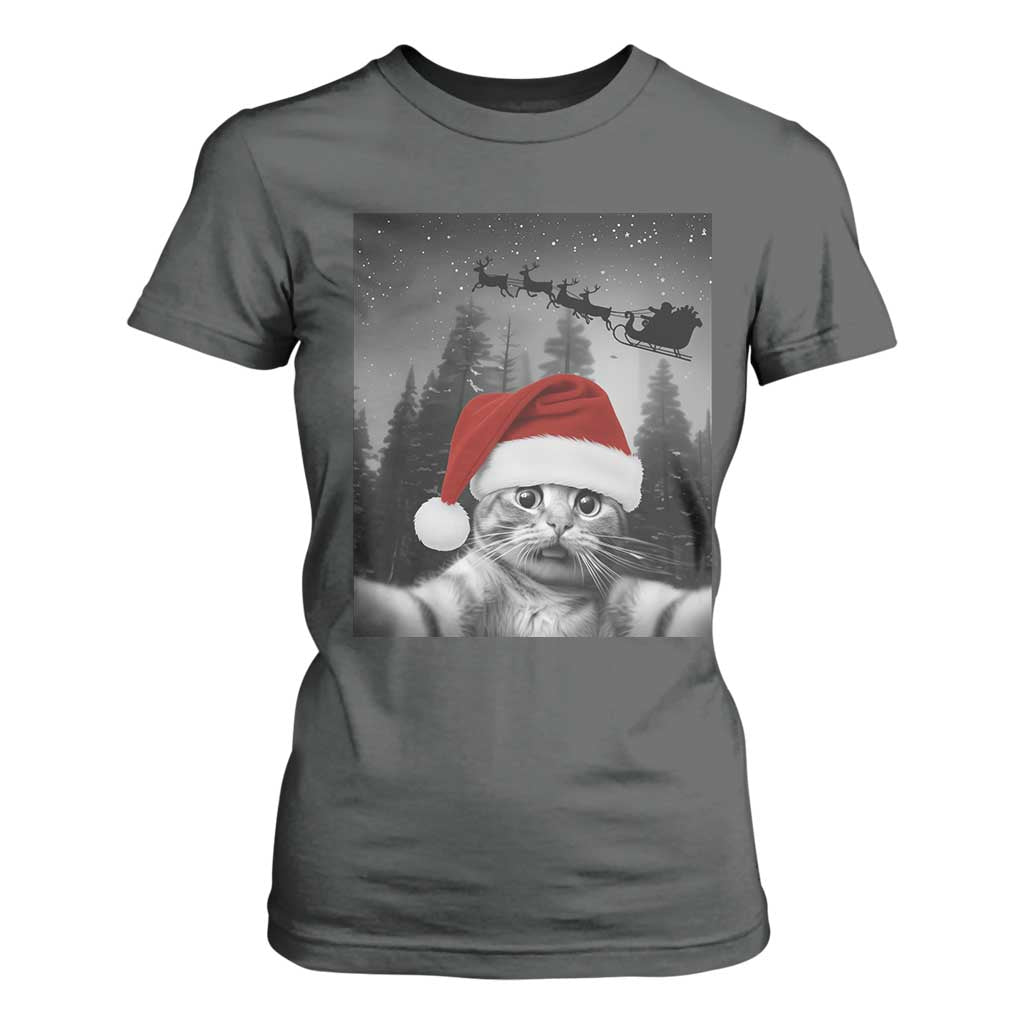 Funny Cat Selfie With Santas Sleigh Christmas T Shirt For Women TS11 Dark Heather Print Your Wear