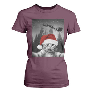 Funny Cat Selfie With Santas Sleigh Christmas T Shirt For Women TS11 Maroon Print Your Wear