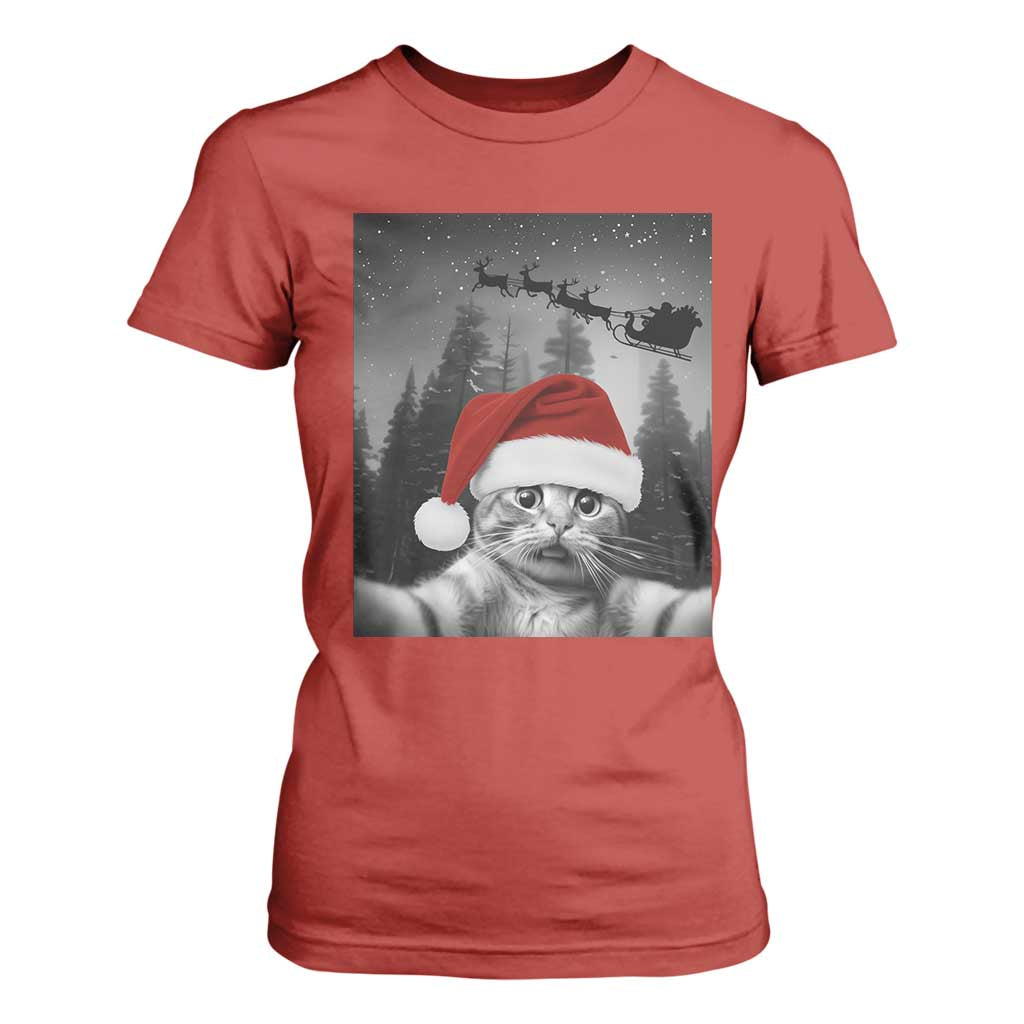 Funny Cat Selfie With Santas Sleigh Christmas T Shirt For Women TS11 Red Print Your Wear