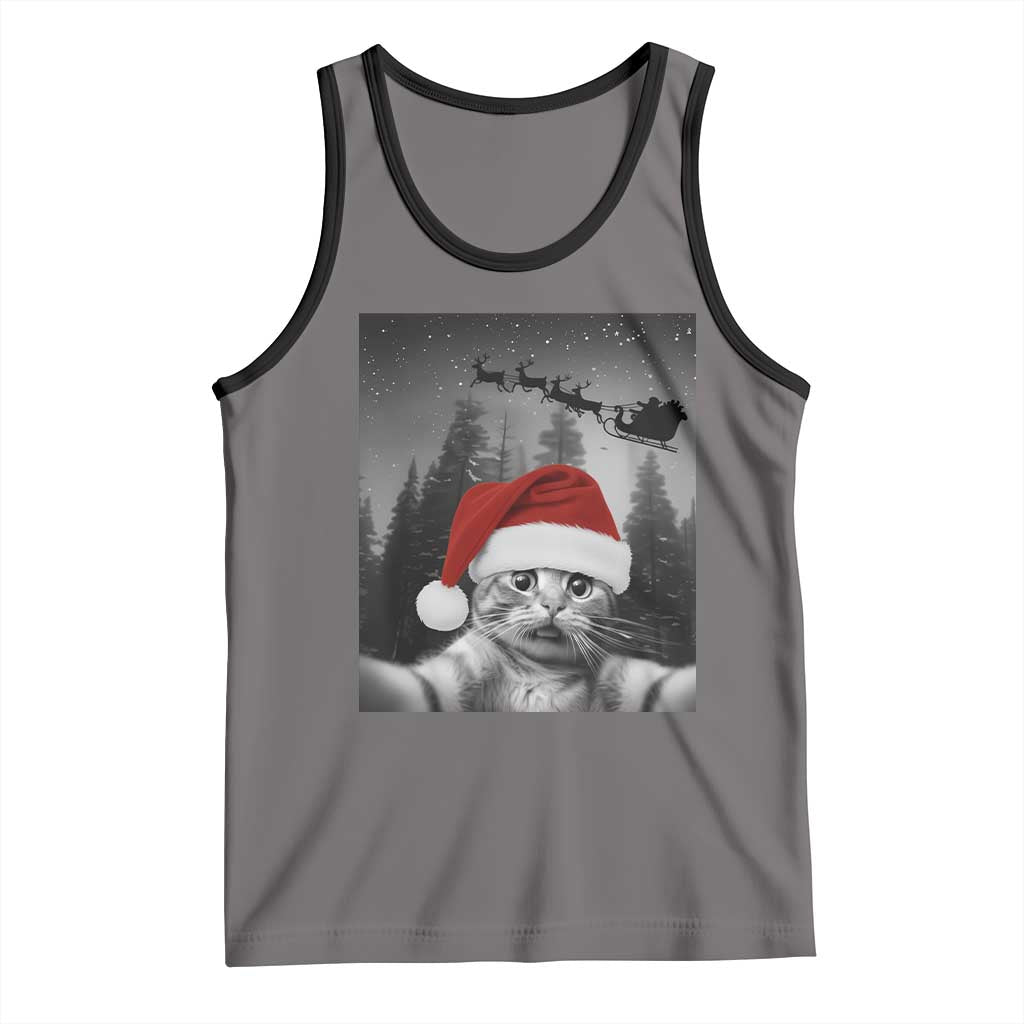 Funny Cat Selfie With Santas Sleigh Christmas Tank Top TS11 Deep Heather Black Print Your Wear