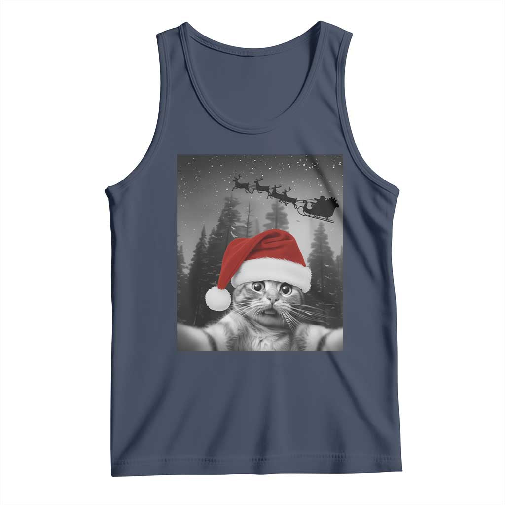 Funny Cat Selfie With Santas Sleigh Christmas Tank Top TS11 Navy Print Your Wear