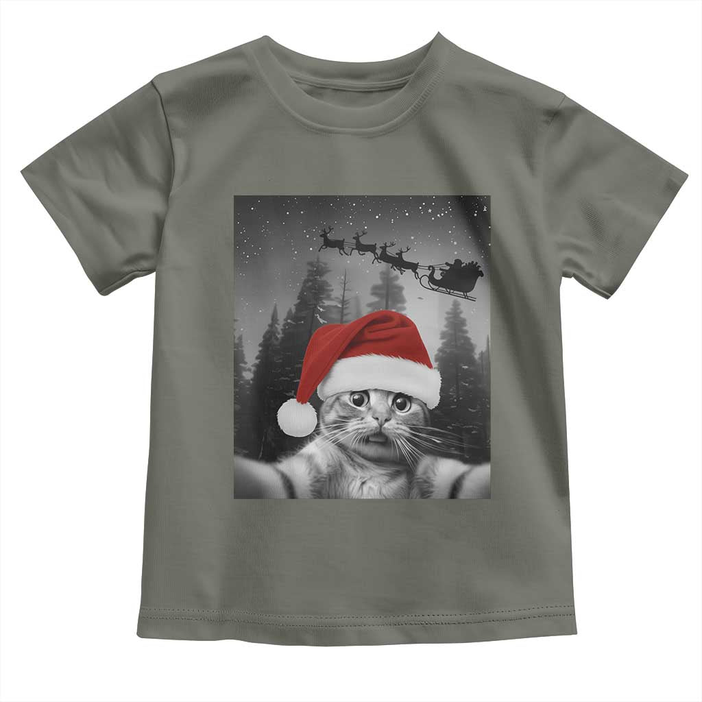Funny Cat Selfie With Santas Sleigh Christmas Toddler T Shirt TS11 Military Green Print Your Wear