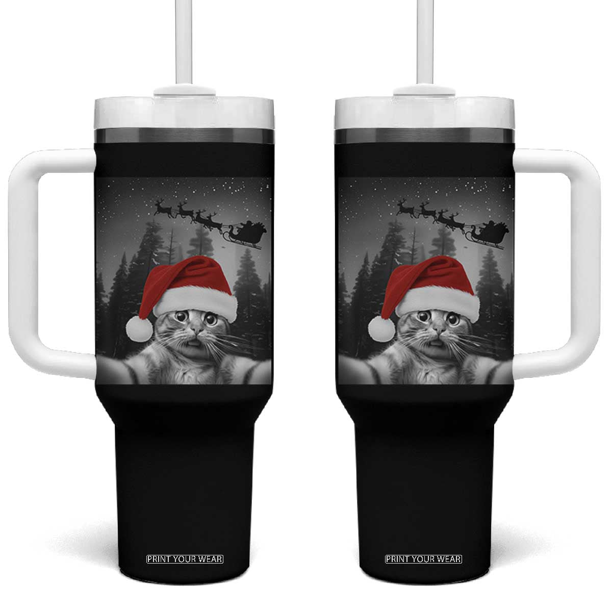 Funny Cat Selfie With Santas Sleigh Christmas Tumbler With Handle TS11 One Size: 40 oz Black Print Your Wear