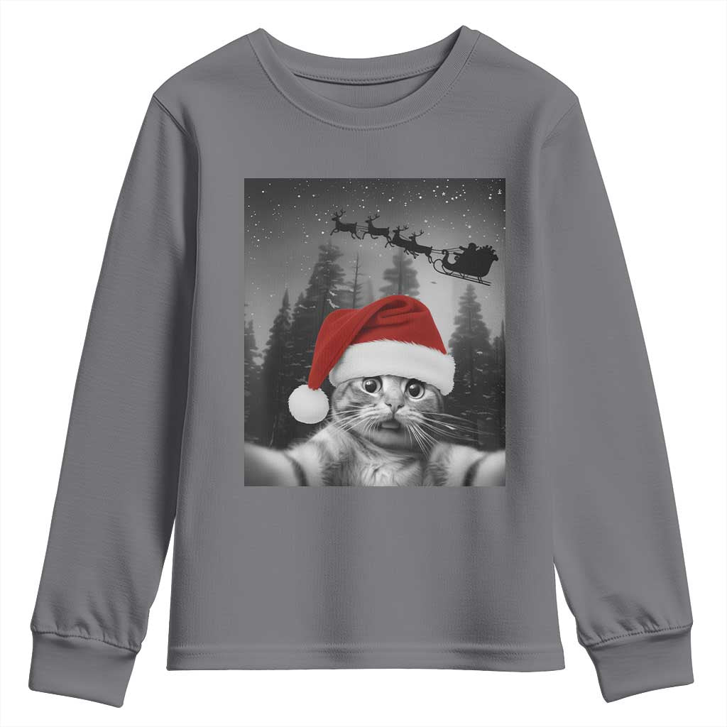 Funny Cat Selfie With Santas Sleigh Christmas Youth Sweatshirt TS11 Charcoal Print Your Wear