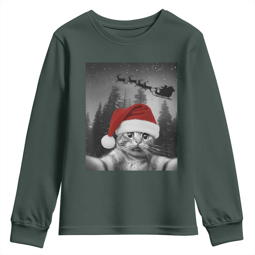 Funny Cat Selfie With Santas Sleigh Christmas Youth Sweatshirt TS11 Dark Forest Green Print Your Wear