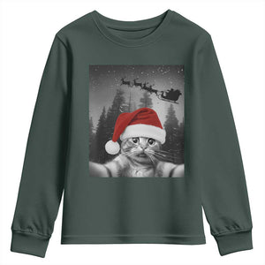 Funny Cat Selfie With Santas Sleigh Christmas Youth Sweatshirt TS11 Dark Forest Green Print Your Wear