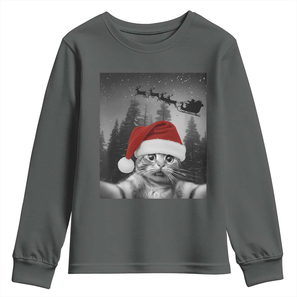 Funny Cat Selfie With Santas Sleigh Christmas Youth Sweatshirt TS11 Dark Heather Print Your Wear