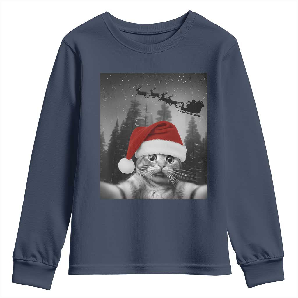 Funny Cat Selfie With Santas Sleigh Christmas Youth Sweatshirt TS11 Navy Print Your Wear