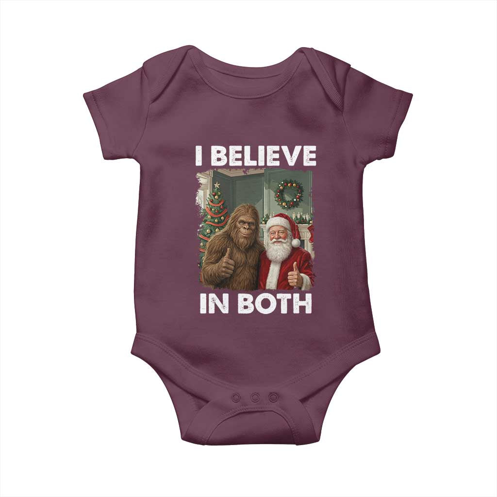 Funny Christmas Santa Bigfoot Baby Onesie I Believe In Both Xmas Holiday TS11 Maroon Print Your Wear