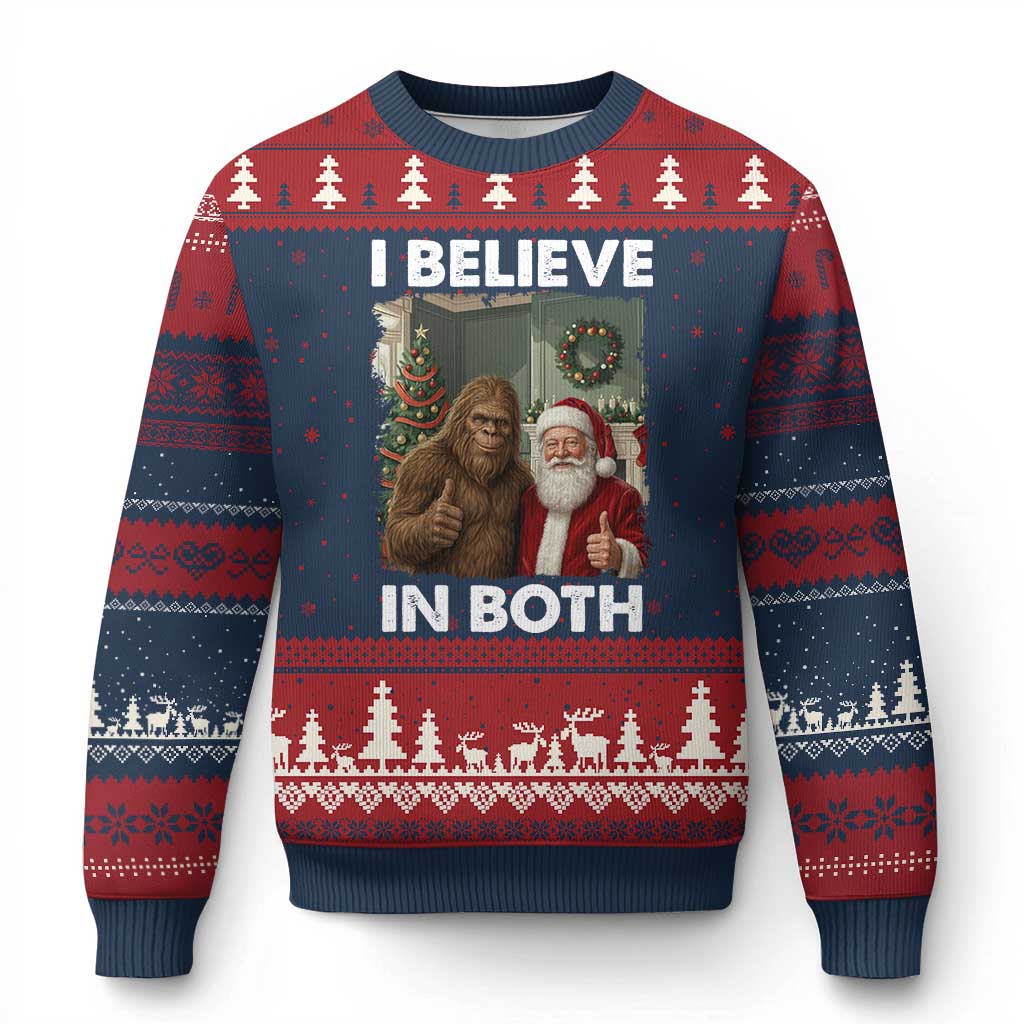 Funny Xmas Santa Bigfoot Ugly Christmas Sweater I Believe In Both Xmas Holiday TS11 Navy Red Print Your Wear