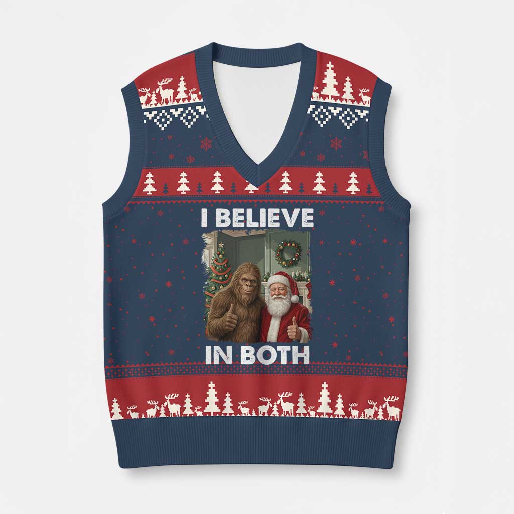 Funny Xmas Santa Bigfoot V-Neck Knit Sweater Vest I Believe In Both Xmas Holiday TS11 Navy Red Print Your Wear