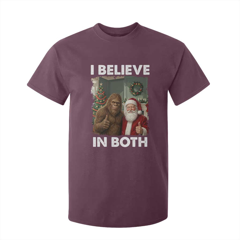 Funny Christmas Santa Bigfoot T Shirt For Kid I Believe In Both Xmas Holiday TS11 Maroon Print Your Wear