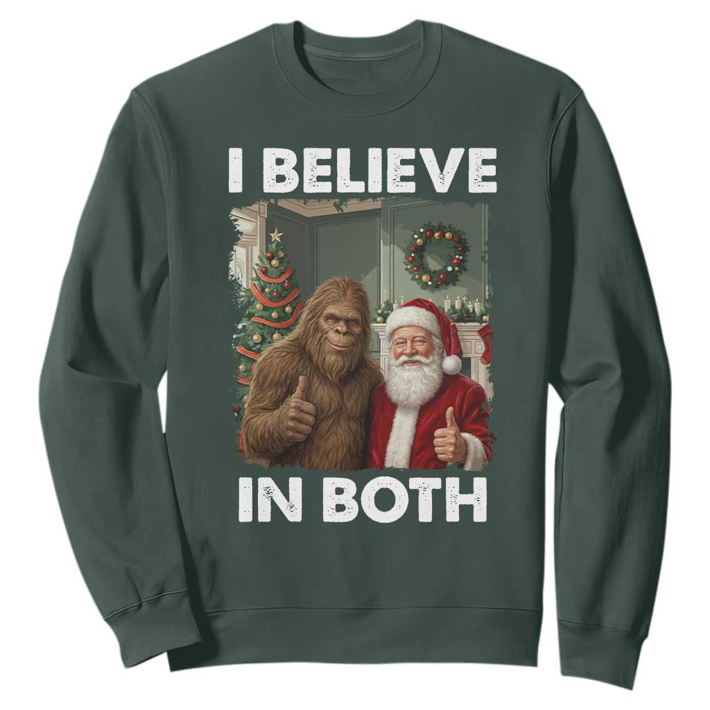 Funny Christmas Santa Bigfoot Sweatshirt I Believe In Both Xmas Holiday TS11 Dark Forest Green Print Your Wear