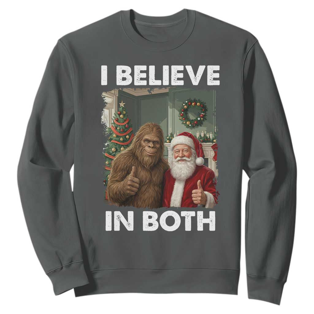 Funny Christmas Santa Bigfoot Sweatshirt I Believe In Both Xmas Holiday TS11 Dark Heather Print Your Wear