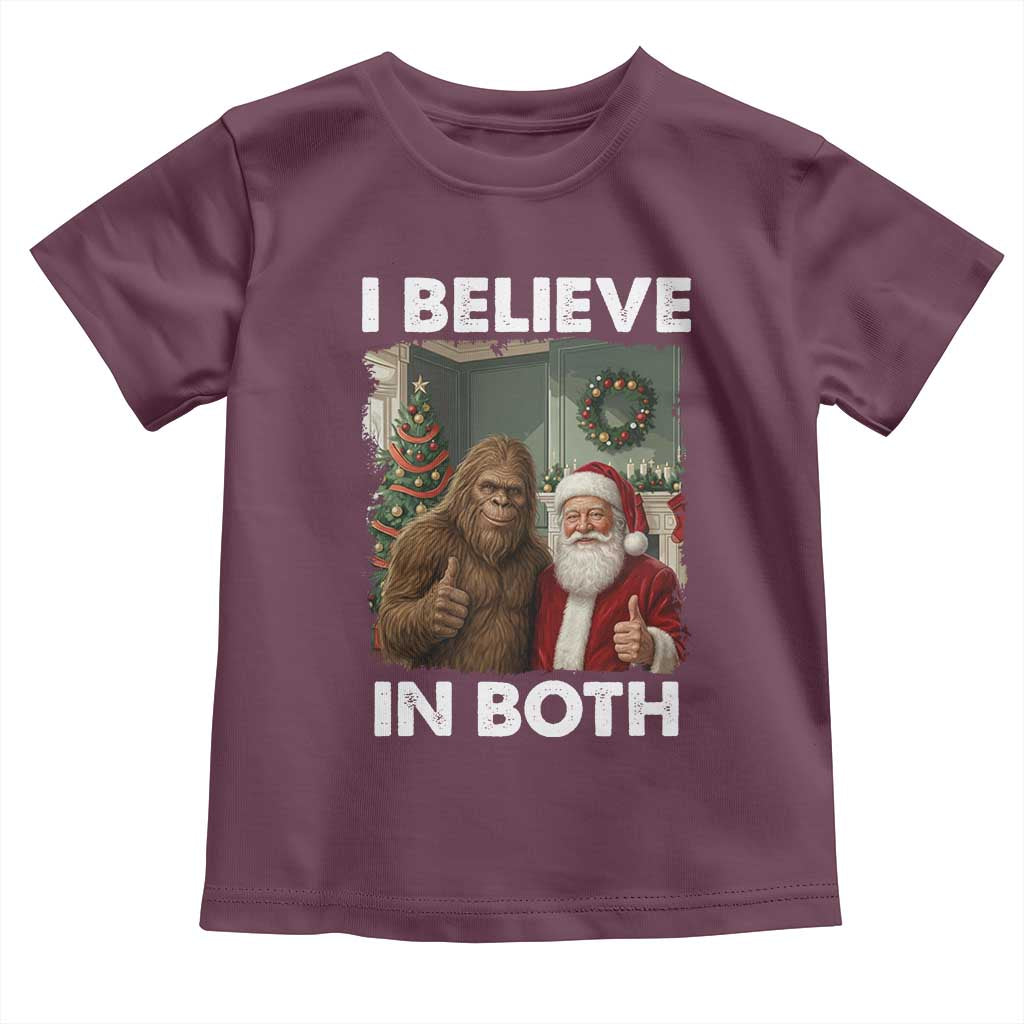 Funny Christmas Santa Bigfoot Toddler T Shirt I Believe In Both Xmas Holiday TS11 Maroon Print Your Wear