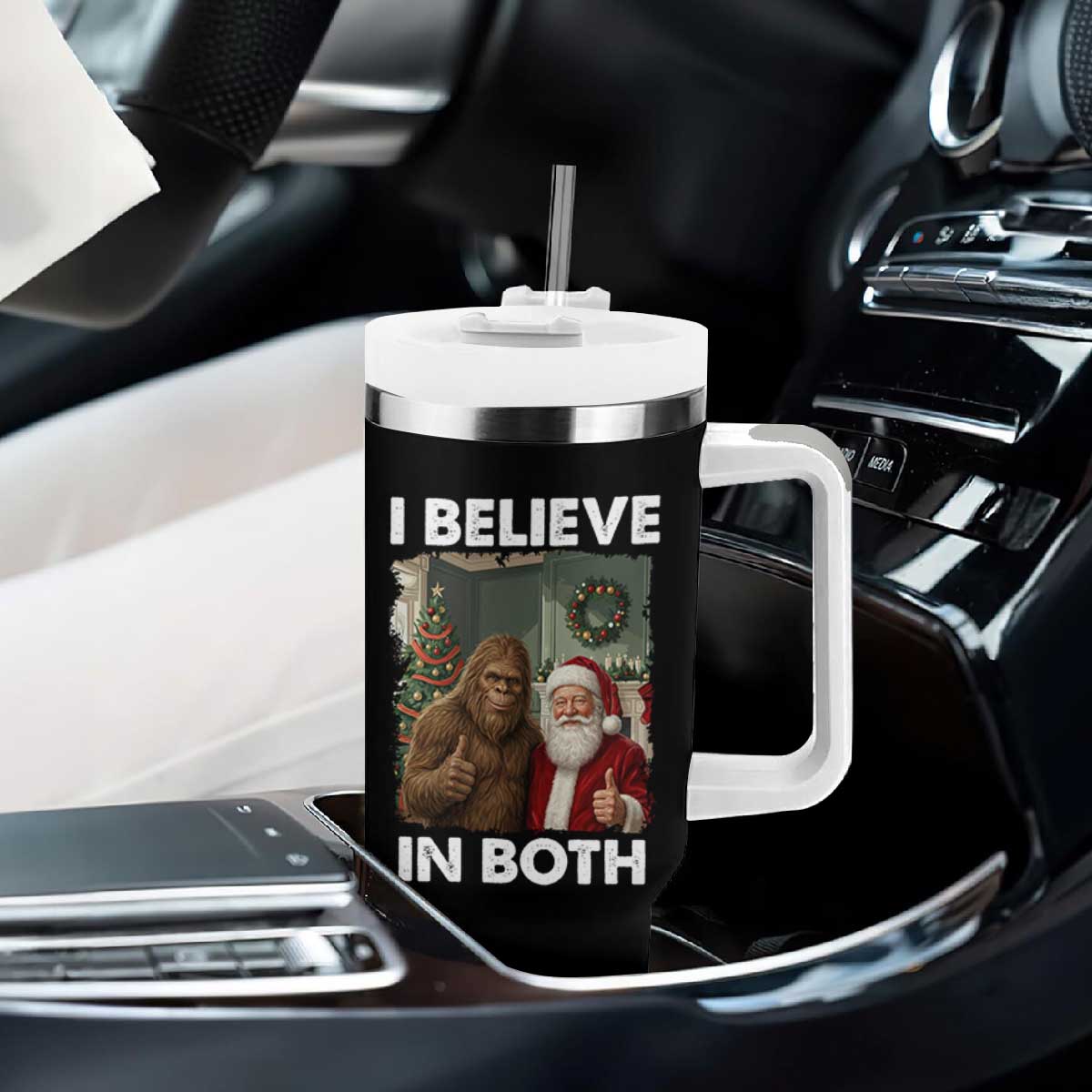 Funny Christmas Santa Bigfoot Tumbler With Handle I Believe In Both Xmas Holiday TS11 Print Your Wear