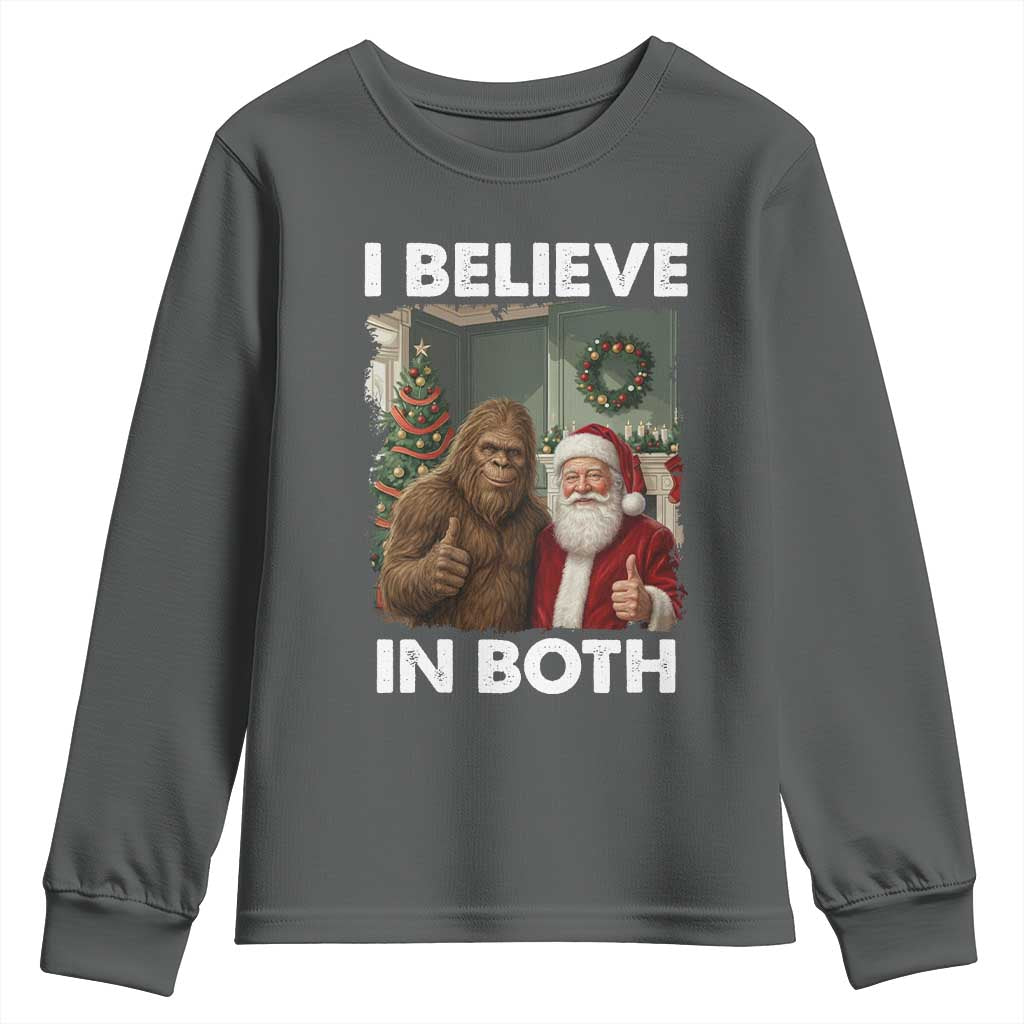 Funny Christmas Santa Bigfoot Youth Sweatshirt I Believe In Both Xmas Holiday TS11 Dark Heather Print Your Wear