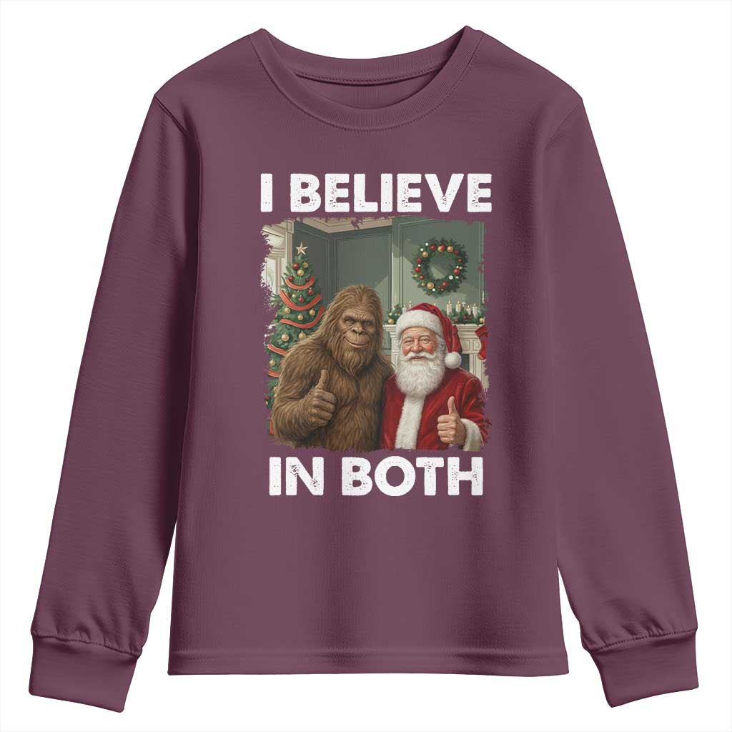 Funny Christmas Santa Bigfoot Youth Sweatshirt I Believe In Both Xmas Holiday TS11 Maroon Print Your Wear