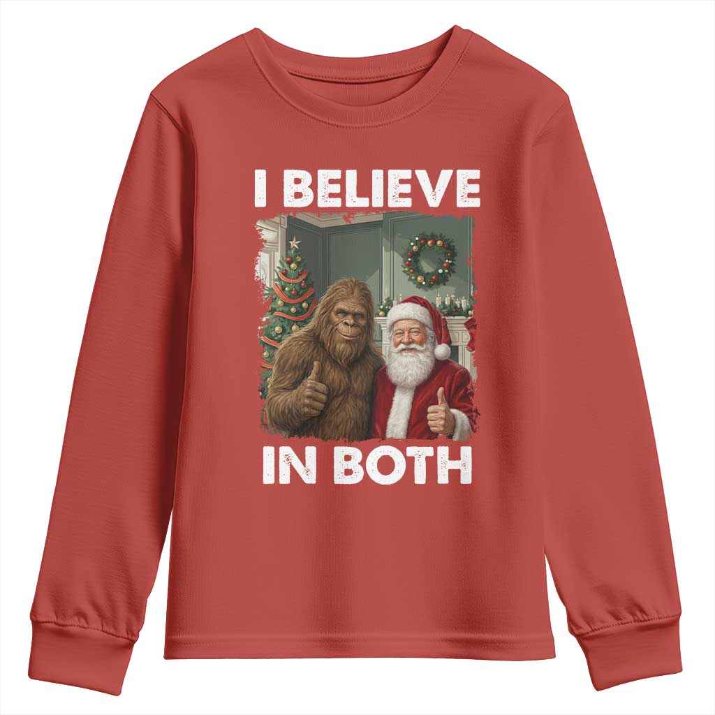 Funny Christmas Santa Bigfoot Youth Sweatshirt I Believe In Both Xmas Holiday TS11 Red Print Your Wear