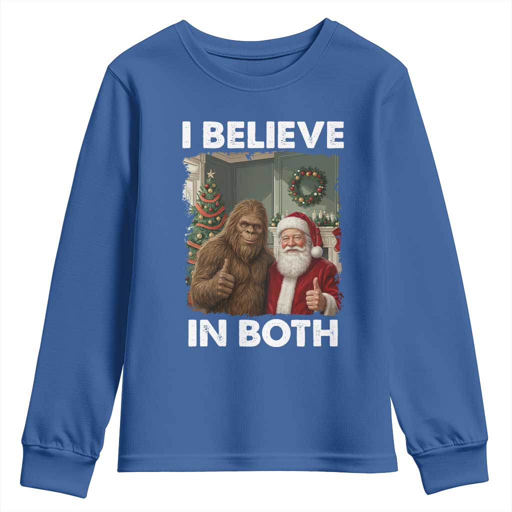 Funny Christmas Santa Bigfoot Youth Sweatshirt I Believe In Both Xmas Holiday TS11 Royal Blue Print Your Wear