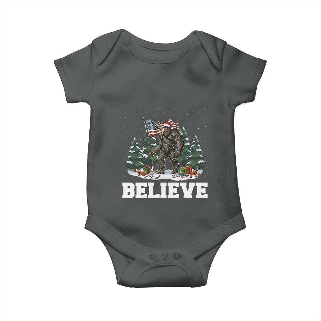 Funny Believe Bigfoot Christmas Baby Onesie American Flag Sasquatch Holiday Gift TS11 Dark Heather Print Your Wear