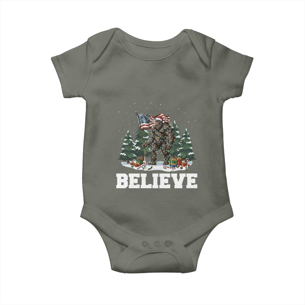 Funny Believe Bigfoot Christmas Baby Onesie American Flag Sasquatch Holiday Gift TS11 Military Green Print Your Wear