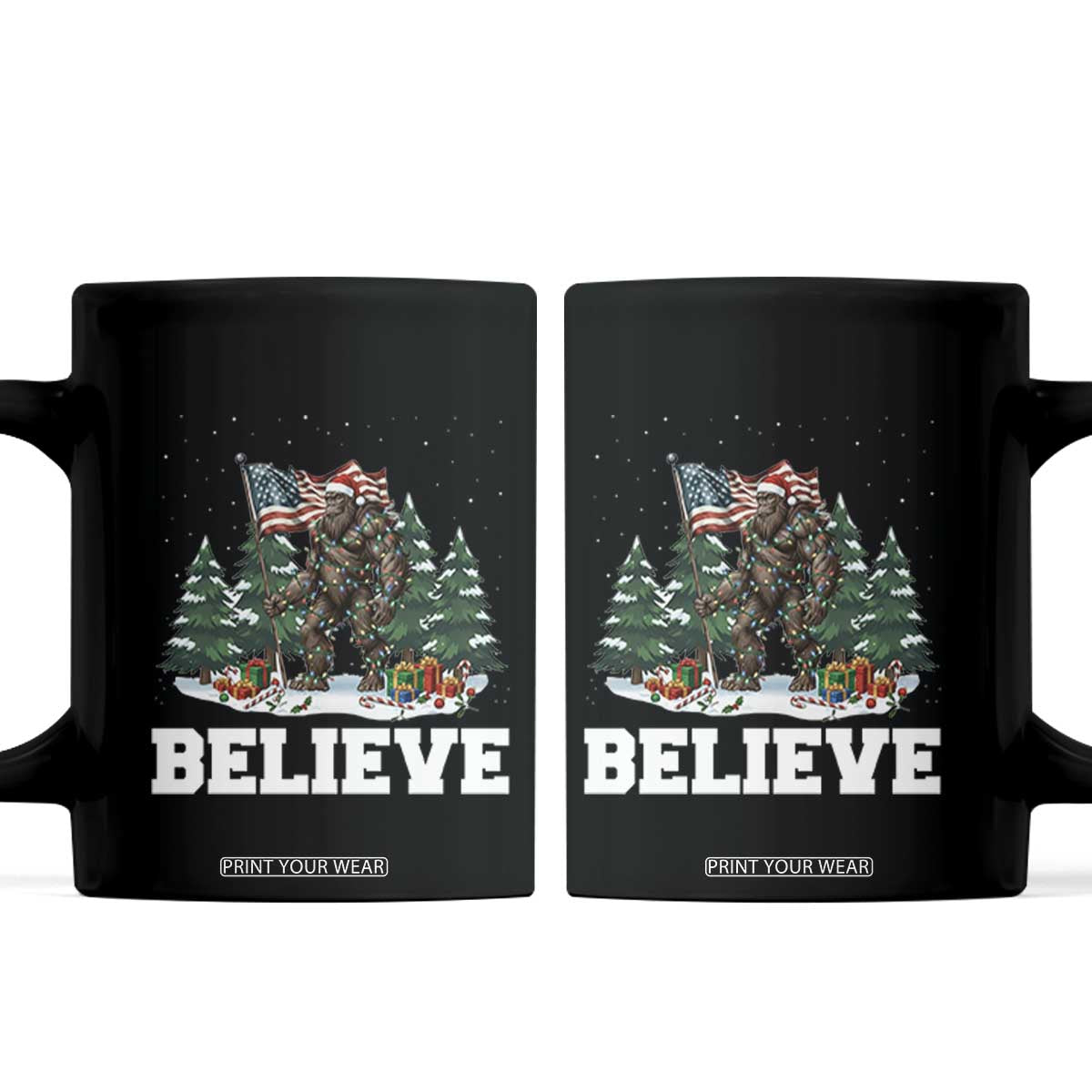 Funny Believe Bigfoot Christmas Coffee Mug American Flag Sasquatch Holiday Gift TS11 Black Print Your Wear