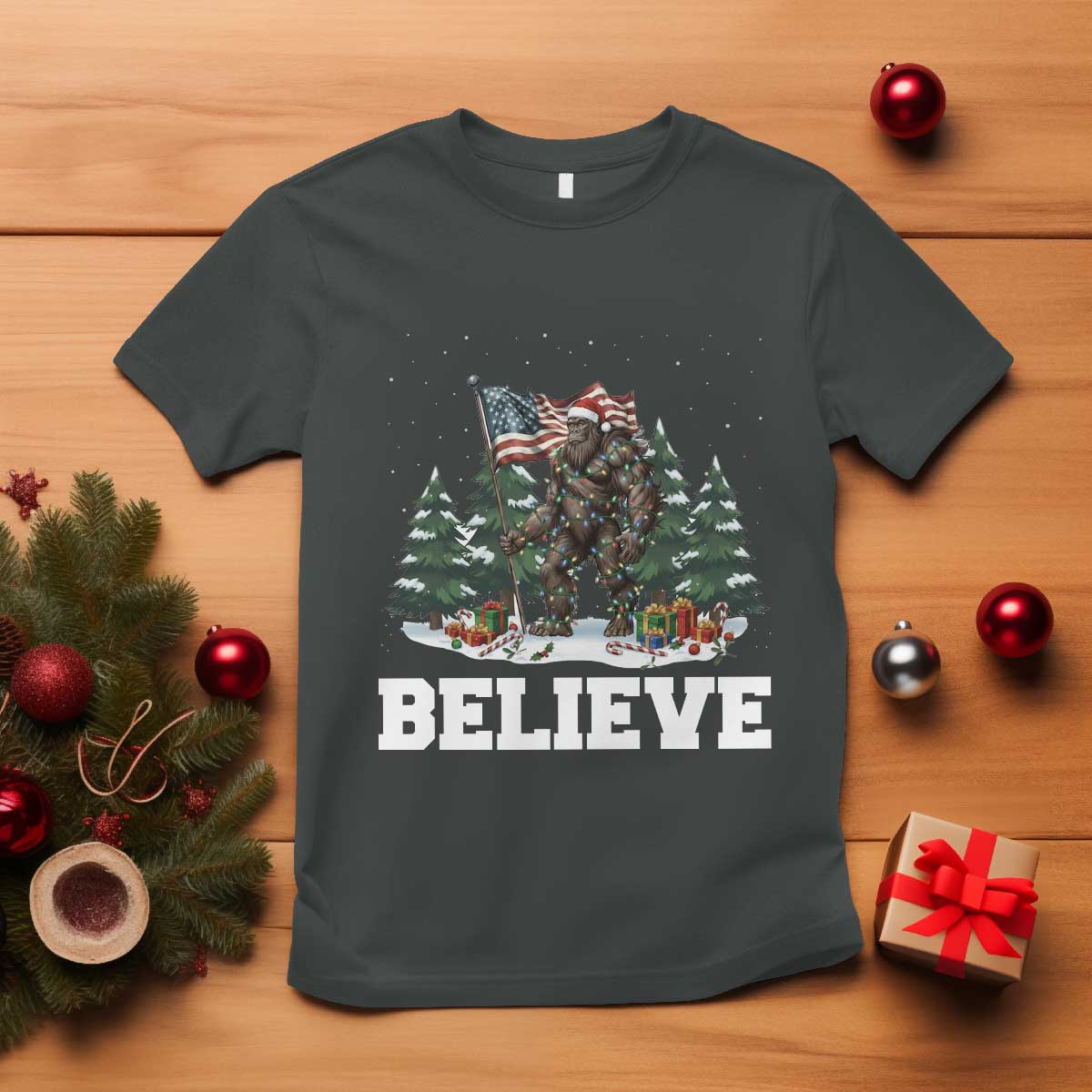 Funny Believe Bigfoot Christmas T Shirt American Flag Sasquatch Holiday Gift TS11 Dark Heather Print Your Wear