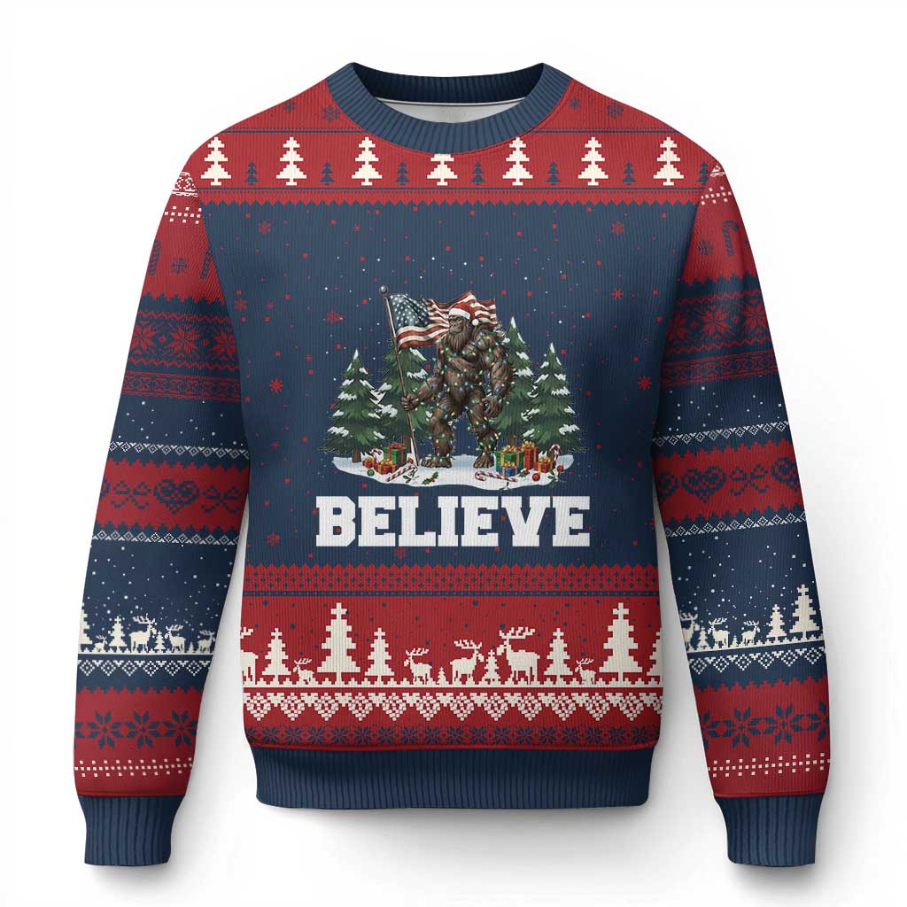 Funny Believe Bigfoot Xmas Ugly Christmas Sweater American Flag Sasquatch Holiday Gift TS11 Navy Red Print Your Wear