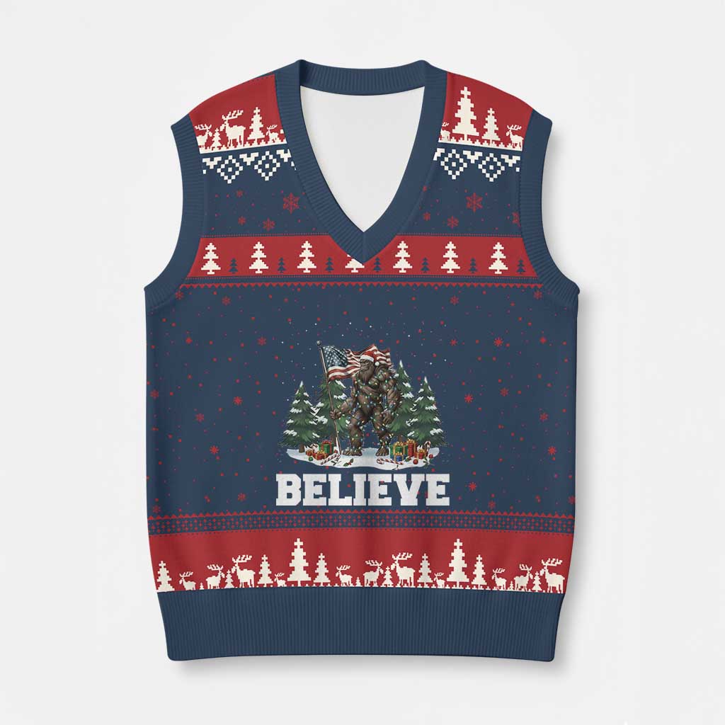 Funny Believe Bigfoot Xmas V-Neck Knit Sweater Vest American Flag Sasquatch Holiday Gift TS11 Navy Red Print Your Wear