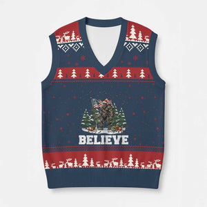 Funny Believe Bigfoot Xmas V-Neck Knit Sweater Vest American Flag Sasquatch Holiday Gift TS11 Navy Red Print Your Wear