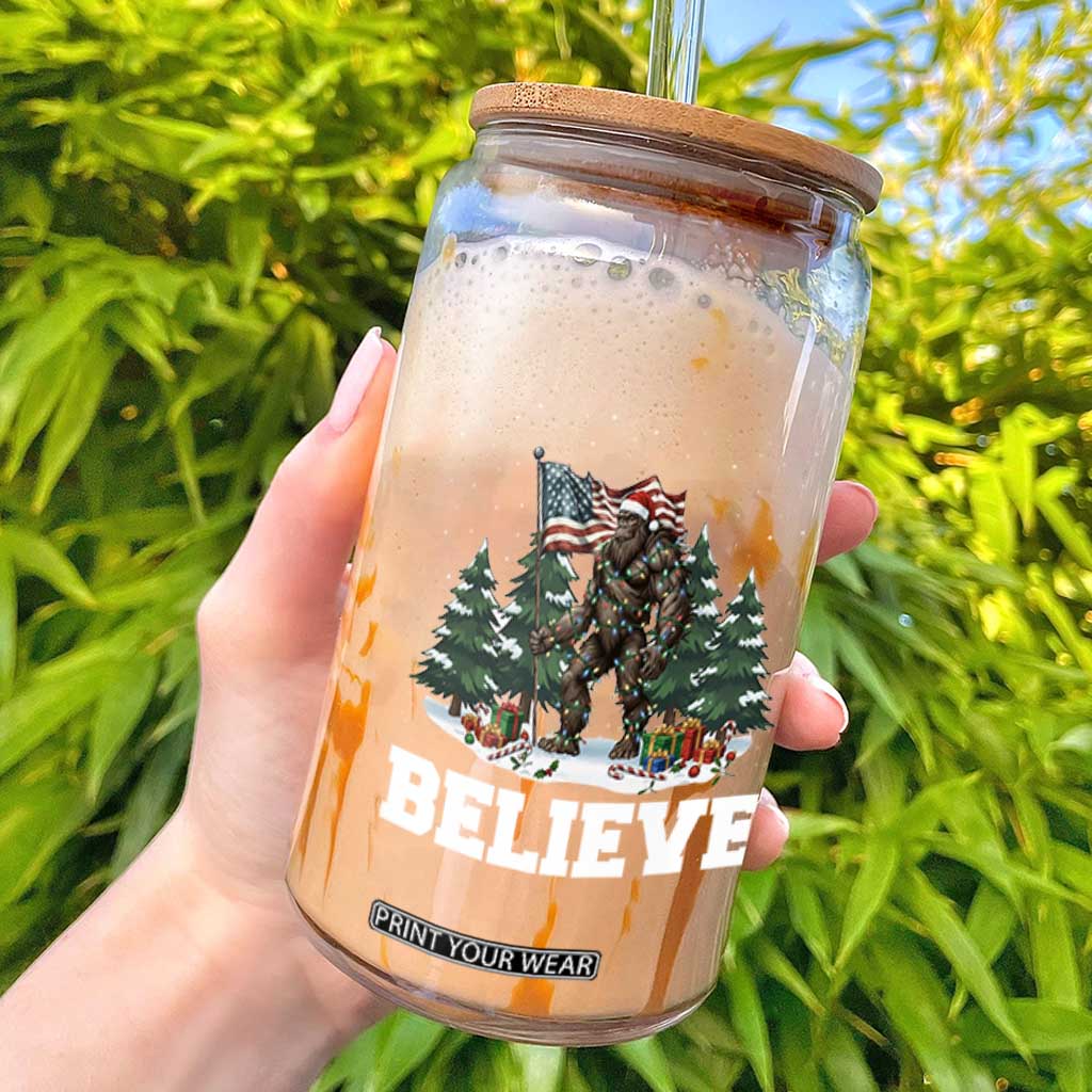 Funny Believe Bigfoot Christmas Glass Can American Flag Sasquatch Holiday Gift TS11 Black Print Your Wear