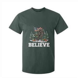 Funny Believe Bigfoot Christmas T Shirt For Kid American Flag Sasquatch Holiday Gift TS11 Dark Forest Green Print Your Wear
