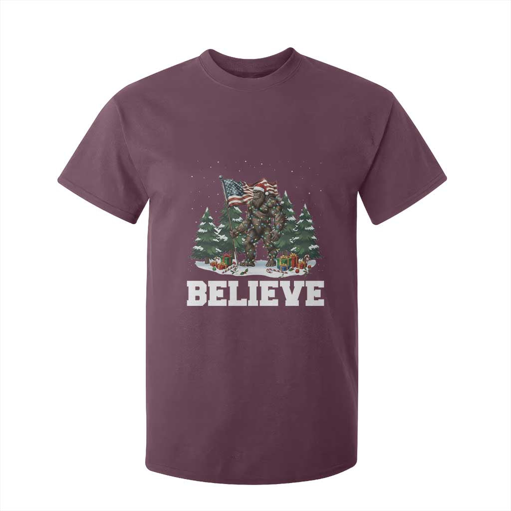 Funny Believe Bigfoot Christmas T Shirt For Kid American Flag Sasquatch Holiday Gift TS11 Maroon Print Your Wear