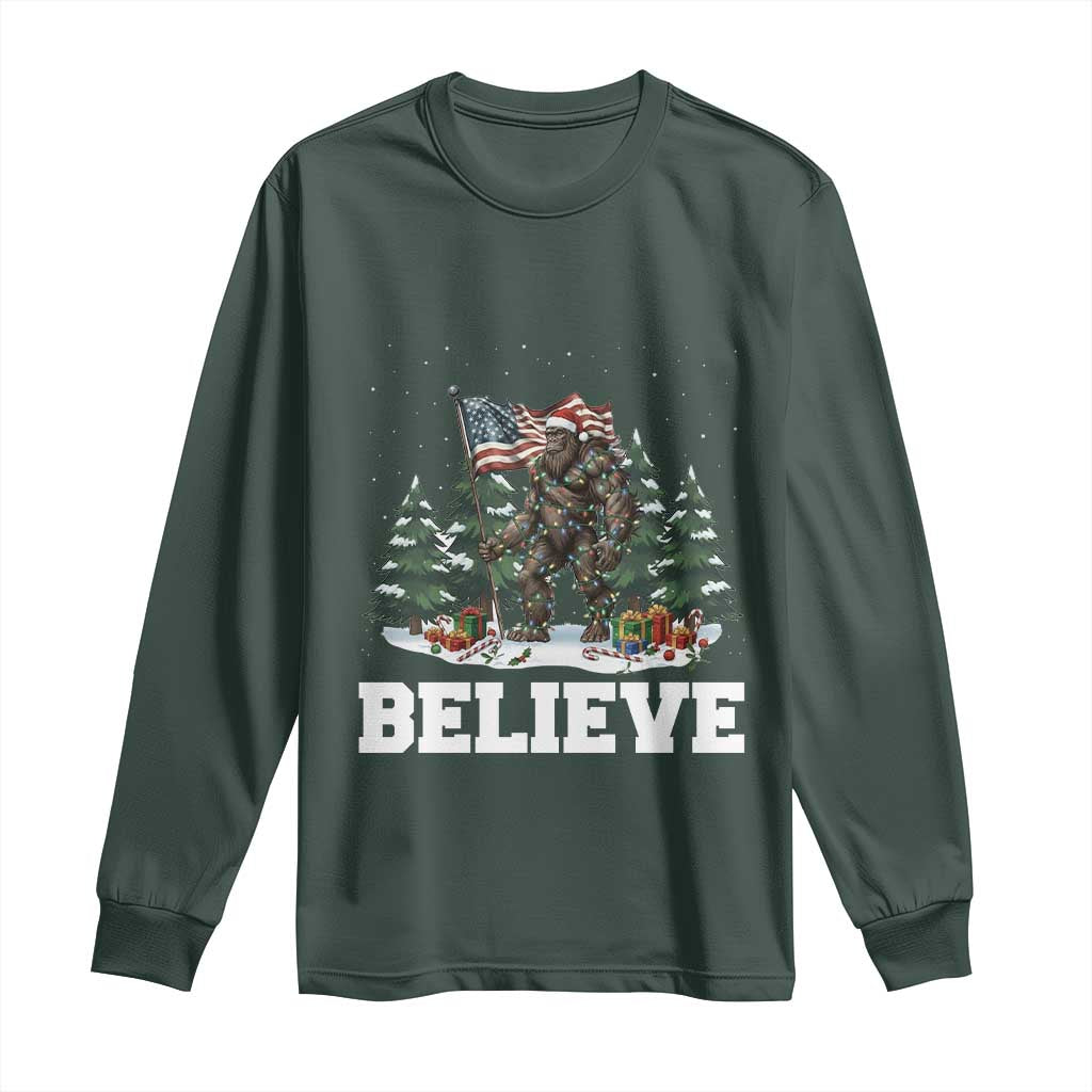 Funny Believe Bigfoot Christmas Long Sleeve Shirt American Flag Sasquatch Holiday Gift TS11 Dark Forest Green Print Your Wear