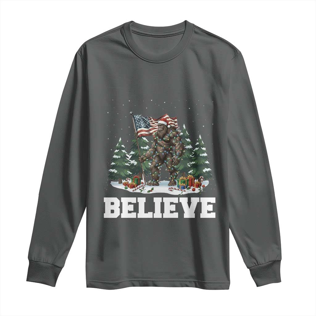 Funny Believe Bigfoot Christmas Long Sleeve Shirt American Flag Sasquatch Holiday Gift TS11 Dark Heather Print Your Wear