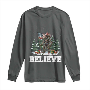 Funny Believe Bigfoot Christmas Long Sleeve Shirt American Flag Sasquatch Holiday Gift TS11 Dark Heather Print Your Wear