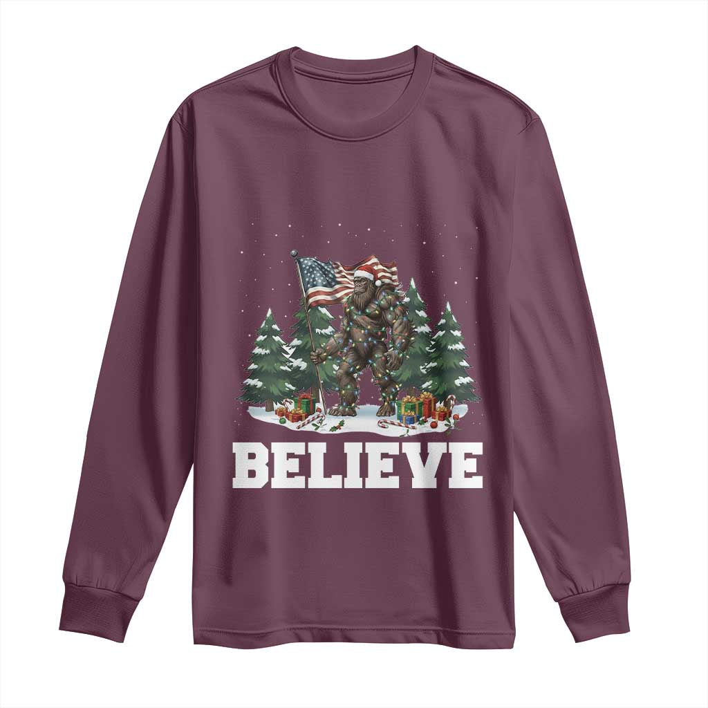 Funny Believe Bigfoot Christmas Long Sleeve Shirt American Flag Sasquatch Holiday Gift TS11 Maroon Print Your Wear