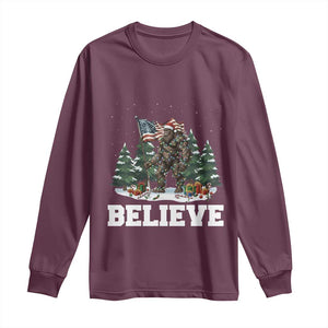 Funny Believe Bigfoot Christmas Long Sleeve Shirt American Flag Sasquatch Holiday Gift TS11 Maroon Print Your Wear