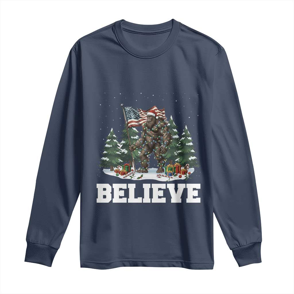 Funny Believe Bigfoot Christmas Long Sleeve Shirt American Flag Sasquatch Holiday Gift TS11 Navy Print Your Wear