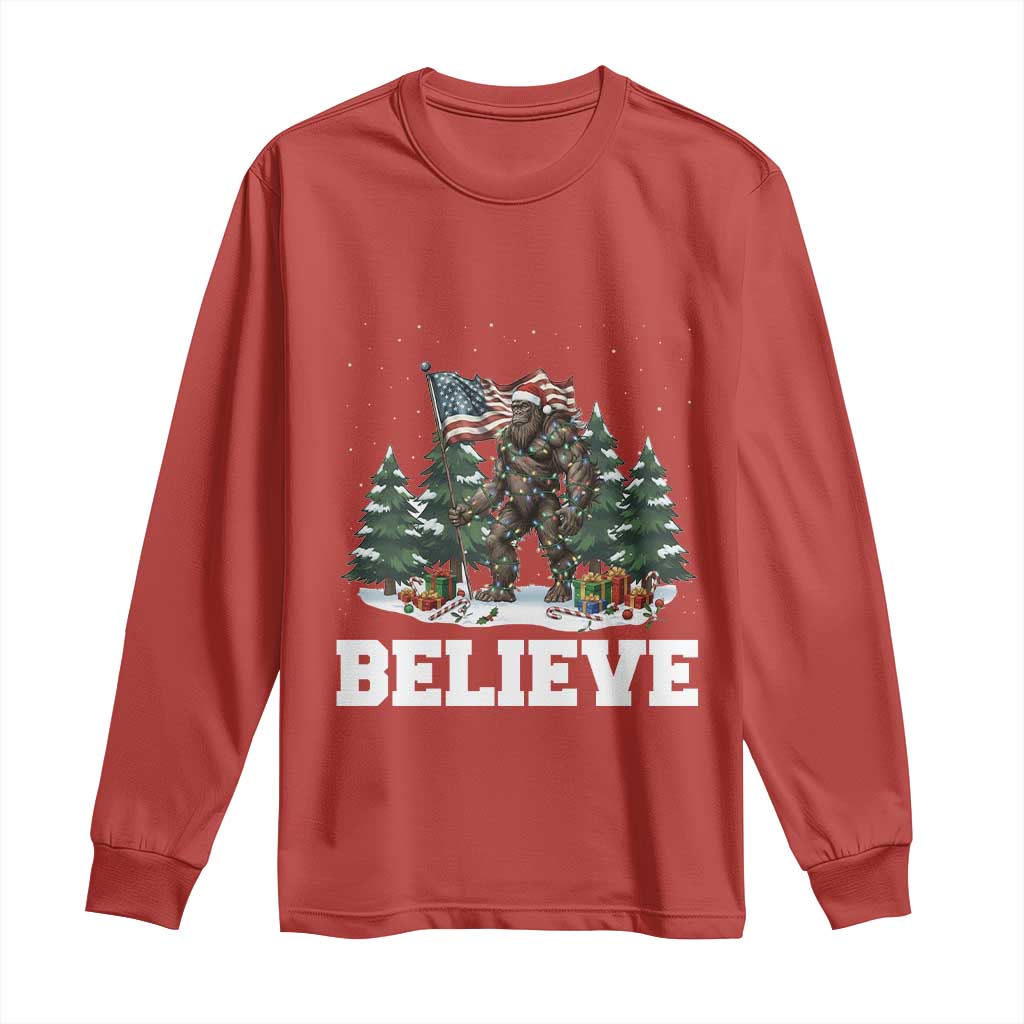 Funny Believe Bigfoot Christmas Long Sleeve Shirt American Flag Sasquatch Holiday Gift TS11 Red Print Your Wear