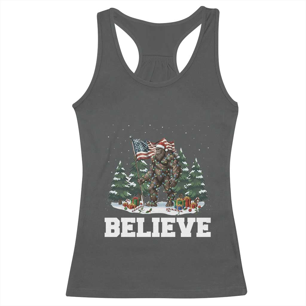 Funny Believe Bigfoot Christmas Racerback Tank Top American Flag Sasquatch Holiday Gift TS11 Dark Heather Print Your Wear