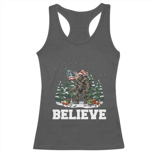 Funny Believe Bigfoot Christmas Racerback Tank Top American Flag Sasquatch Holiday Gift TS11 Dark Heather Print Your Wear