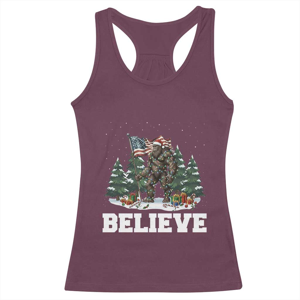 Funny Believe Bigfoot Christmas Racerback Tank Top American Flag Sasquatch Holiday Gift TS11 Maroon Print Your Wear