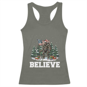 Funny Believe Bigfoot Christmas Racerback Tank Top American Flag Sasquatch Holiday Gift TS11 Military Green Print Your Wear