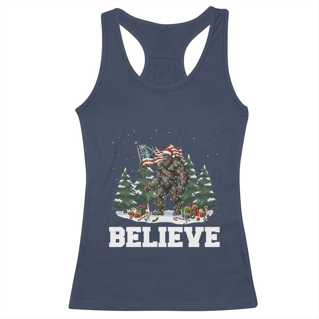 Funny Believe Bigfoot Christmas Racerback Tank Top American Flag Sasquatch Holiday Gift TS11 Navy Print Your Wear