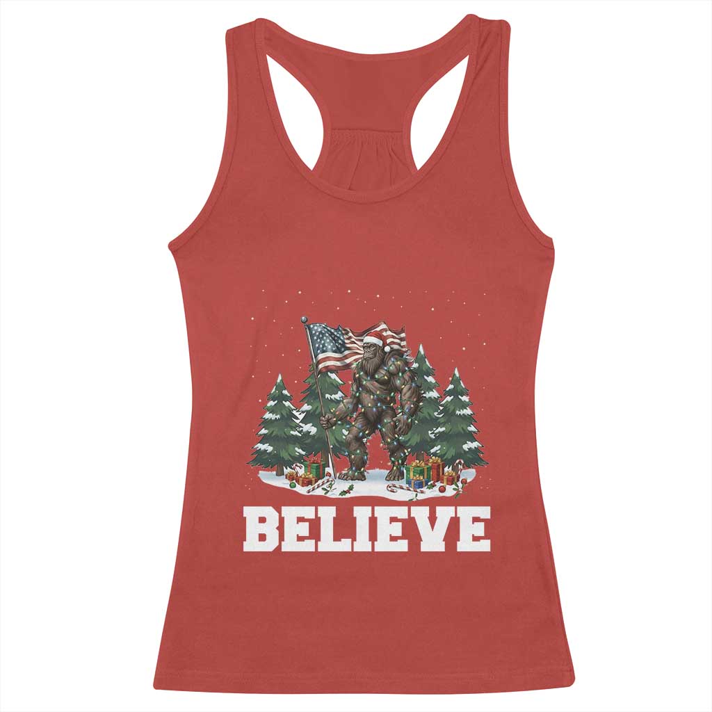 Funny Believe Bigfoot Christmas Racerback Tank Top American Flag Sasquatch Holiday Gift TS11 Red Print Your Wear